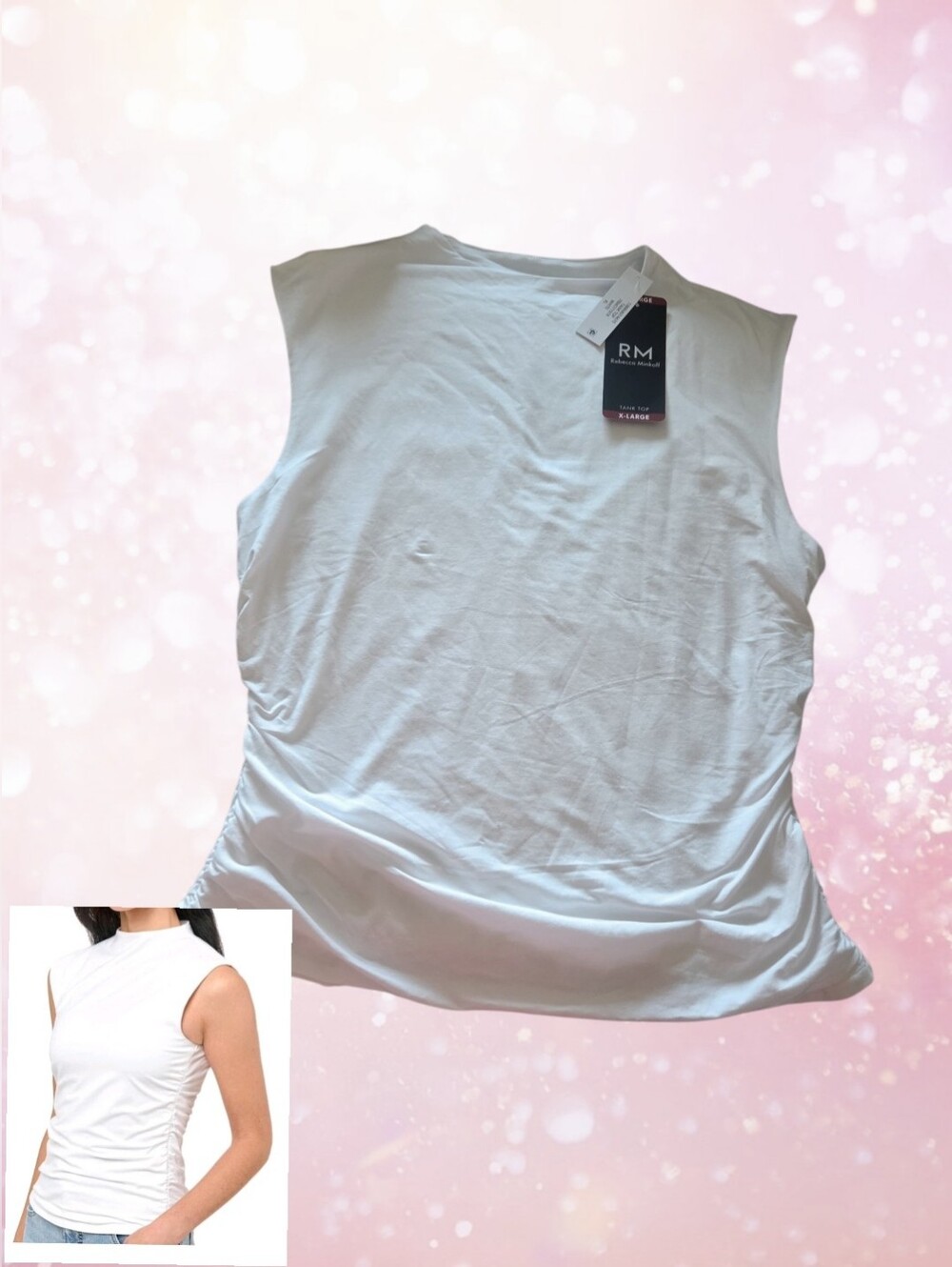 White Mock Neck  Sleeveless Tank Top Ruched Sides By RM Rebecca Minkoff